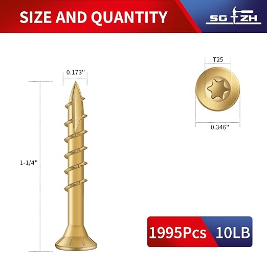 #8 x 1-1/4" Deck Screws (1995Pcs) 10lb. Exterior Wood Screws. Carbon Steel, Tan, Flat Head, Rust Resistant epoxy Coated, with T25 Star Bit