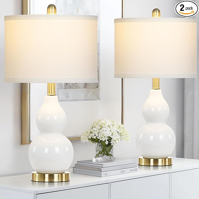 22" Modern Double Gourd Ceramic Table Lamps Set of 2, White Bedside Lamps for Living Room, Contemporary Nightstand Desk Lamps for Bedroom End Table Home Office Decor(2 LED Bulbs Included)