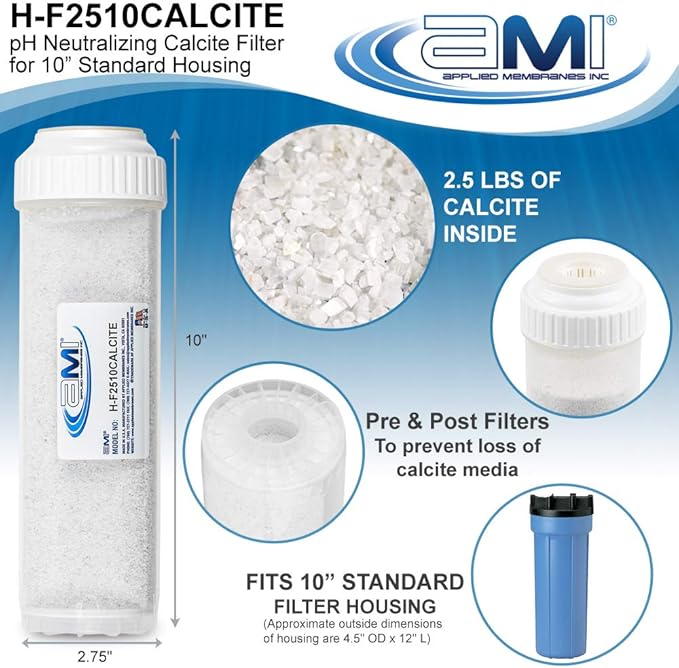 APPLIED MEMBRANES INC pH Neutralization Water Filter Cartridge | Calcite Filter to Raise Alkalinity of Low pH Water | 10" Standard Size Fits 10” Standard Filter Housing | H-F2510CALCITE (10" Standard)