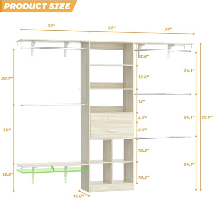 Closet System - 4.75-8FT Closet Organizer System with Wooden Drawers & Cube Storage Organizer, Up To 96" Closet Systems for Nursery & Walk-In Closets with Cuttable Hanging Shelving, Greige Oak