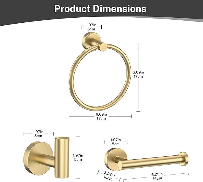 4-Piece Brushed Gold Bathroom Hardware Set,Gold Bathroom Accessories Include Towel Ring,Toilet Paper Holder & 2 Robe Hooks-Rustproof Wall Mounted Bathroom Set