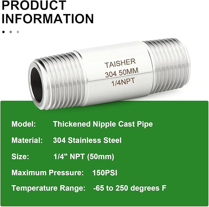 TAISHER 2PCS Stainless Steel Pipe Fittings, 1/4" NPT Male x 1/4" NPT Male Threaded, 2" Length Thickened Nipple Cast Pipe