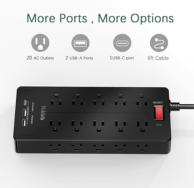 Power Strip 23 in 1, 20 Outlets Surge Protector Wall Mount with 2 USB+1 USB C Ports, Multi Plug Extension Cord 6ft Heavy Duty, Accessories for Gaming, Studio, Home, Office, Desk Organizers