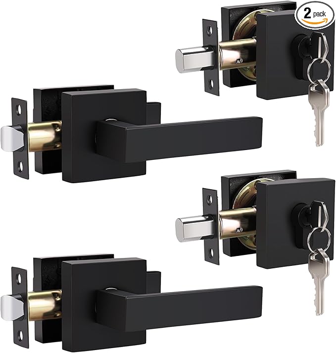 2 Pack Keyed Entry Door Lock with Deadbolt Set, Reversible Passage Lever and Keyed Alike Single Cylinder Deadbolt, Matte Black Square Handleset for Bedroom, Front Door