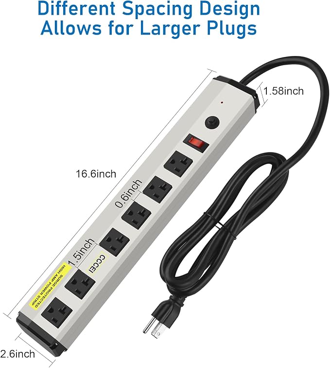 CCCEI Heavy Duty Power Strip Surge Protector 20 Amp, High Amp Industrial Shop Garage Metal Multiple Outlets, 12 FT 12 Gauge 5-15P Extension Cord 6 Outlet 6-20R T-Slot 20a for Appliance.