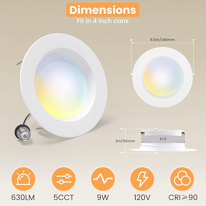 Gefolly 5CCT Recessed Lighting 4 Inch, 9W 630LM, Retrofit Led Can Lights for Ceiling, Selectable 2700K/3000K/4000K/5000K/6000K, Dimmable Led Recessed Light, 4 Pack