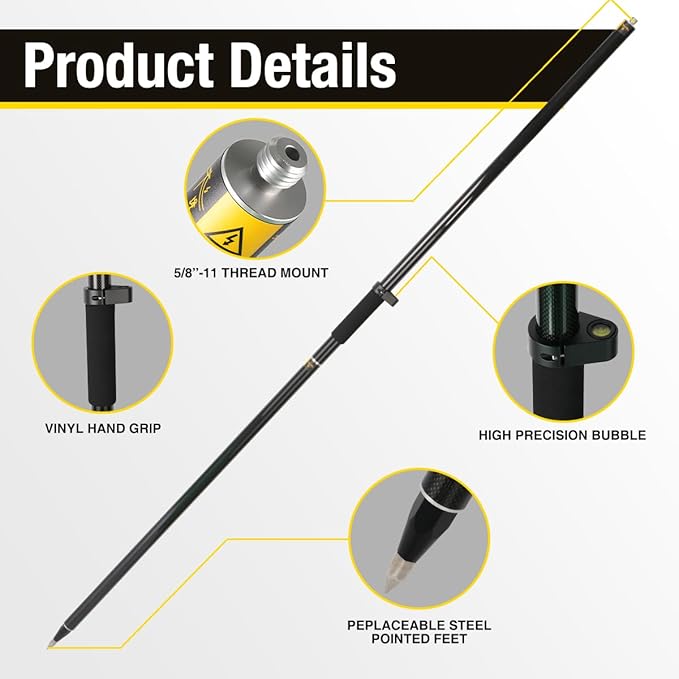 GPS Pole, 6.6FT Surveying Prism Pole, 2M Prism Pole for Land Surveying, Black