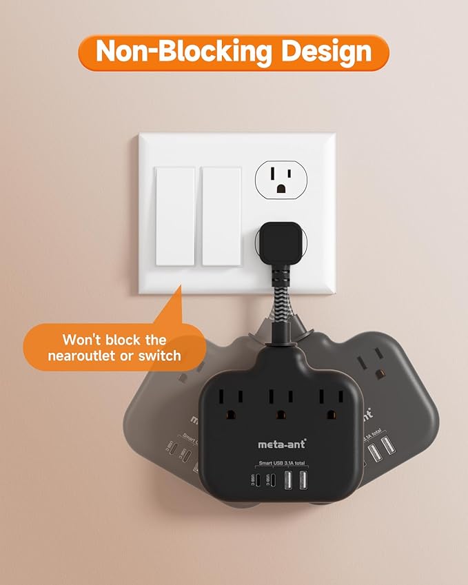 Short Extension Cord 2 inch, Short Cord Power Strip with 3 Outlets 4 USB(2 USB-C) 17W, Flat Outlet Extender, Non-Blocking, Non-Surge Protection for Cruise Travel Dorm Kitchen Bathroom, Black