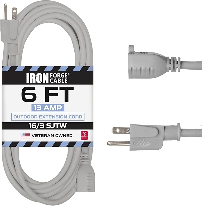 Iron Forge Cable Gray Outdoor Extension Cord 6 ft, 16/3 SJTW 6 Foot Grey 3 Prong Extension Cord Outdoor & Indoor, Weatherproof 13 Amp Heavy Duty Power Cable
