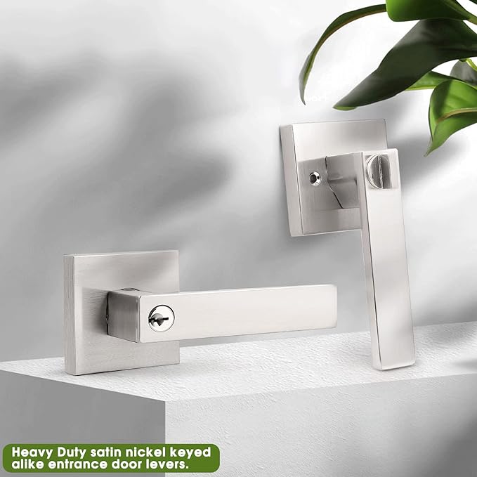 Gobrico 6 Keyed-Alike Entry Door Levers with Same Key,Interior Doors Exterior Doors Use,Satin Nickel Finished,Square Door Locksets Handles