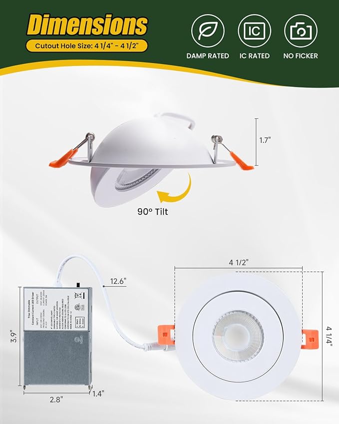 ZYC 4-inch Gimbal LED Recessed Lighting,5CCT 9W 800LM Directional Recessed Swivel Spotlight 360° Rotation Eyeball LED,Canless 4 Gimbal Adjustable Eyeball Soffit Pot Light,Pack of 10 White.