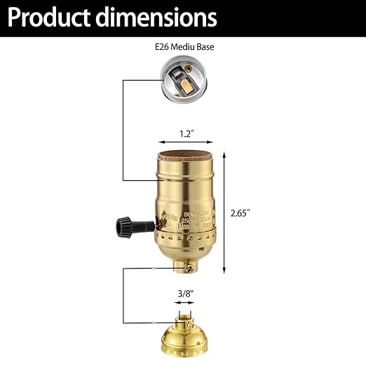 Lamp Socket Replacement, E26 Threaded Base, Turn Knob for Low-Medium-High Light Settings 2 Way (Gold)