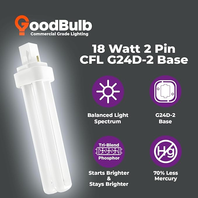GoodBulb 18 Watt CFL Light Bulbs 2 Pin G24D-2 Base 6500K Full Spectrum 18W High Output 1200 Lumens Double Tube Compact Fluorescent Light Bulbs Plug-in 10 Pack