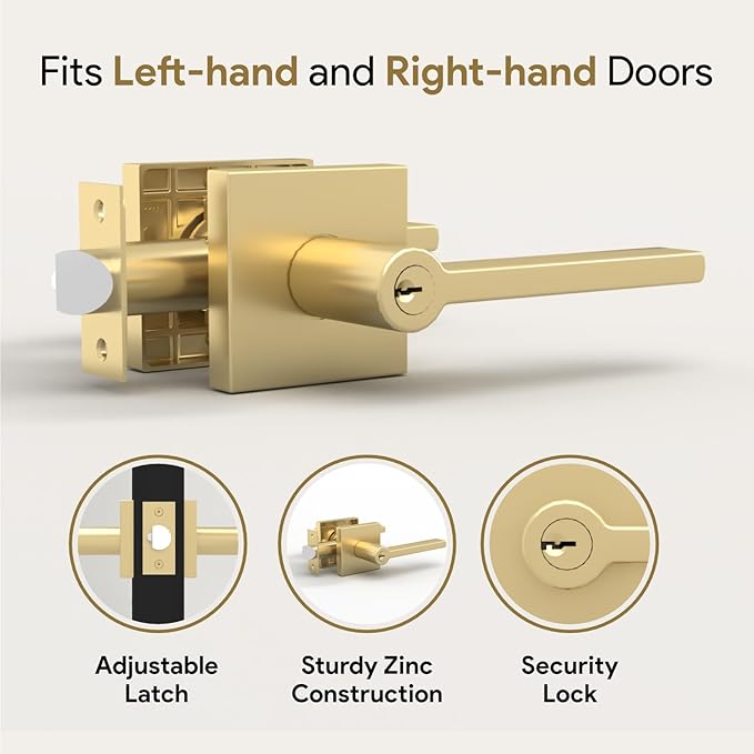 Mega Handles - Prime Entrance Handle, Entry Lever Door Handle, Heavy Duty Square Locking Lever Set for Left or Right-Handed Doors, Interior/Exterior Door Levers - Satin Brass