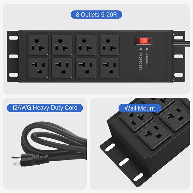 CCCEI Black Heavy Duty Power Strip Surge Protector 20 AMP, 8 Outlets 12 Gauge Industrial Shop Garage Metal Multiple Outlets, 4 FT Extension Cord 5-15P Adapter High Amp 6-20R T-Slot 20a for Appliance