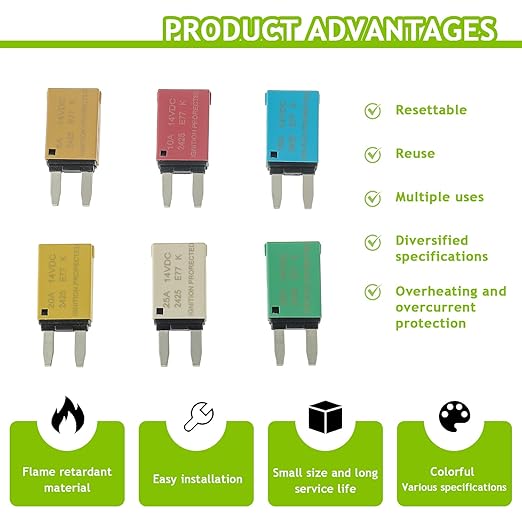 5A 10A 15A 20A 25A 30A DC 12V-14V Auto Reset Circuit Breaker ATM Low Profile T1 Mini Blade Fuses Breakers for Car Trucks Marine Boat RV Solar and More,2 Pack