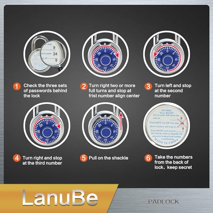 LanuBe Standard Dial Combination Lock, 2 in. Wide, with Different Combinations, Blue Turnplate, Pack of 8; Lock for School, Employee, Gym Sports Locker, Case, Toolbox, and so on