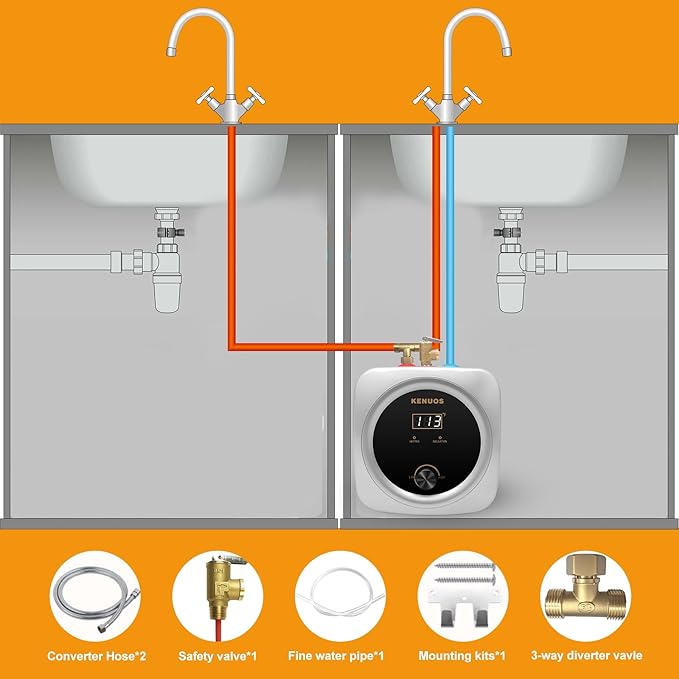 Mini Tank Water Heater Electric 2.5 Gallon Under Sink Instant Hot Water Heater with LED Dsiplay,T&P Valve,3-Way Diverter,110V 120V Point Of Use Water Heaters for Kitchen RV Bathroom Gray