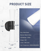 kudos Wall Sconces 16inches Black Vanity Light Fixtures, Modern Sconces Wall Lighting with Milk White Glass, Dimmerable 3000K/4000K/5000K for Bathroom Bedroom, KDVL13-BK