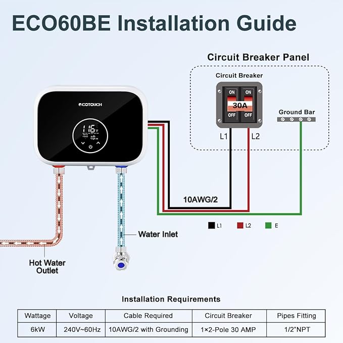 Electric Tankless Water Heater 240V, ECOTOUCH 6kW Point of Use Tankless Water Heater Instant Hot Water Heaters Electric with Self-modulation Technology ETL Certificated ECO60BE Black