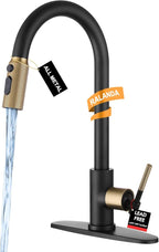Black and Gold Kitchen Faucet- High Arc Single Handle Stainless Steel Sink Faucet with Pull Down Sprayer- 3 Spray Mode, 1.8 GPM High Flow fit for 1/3 Hole with 10" Deck Plate