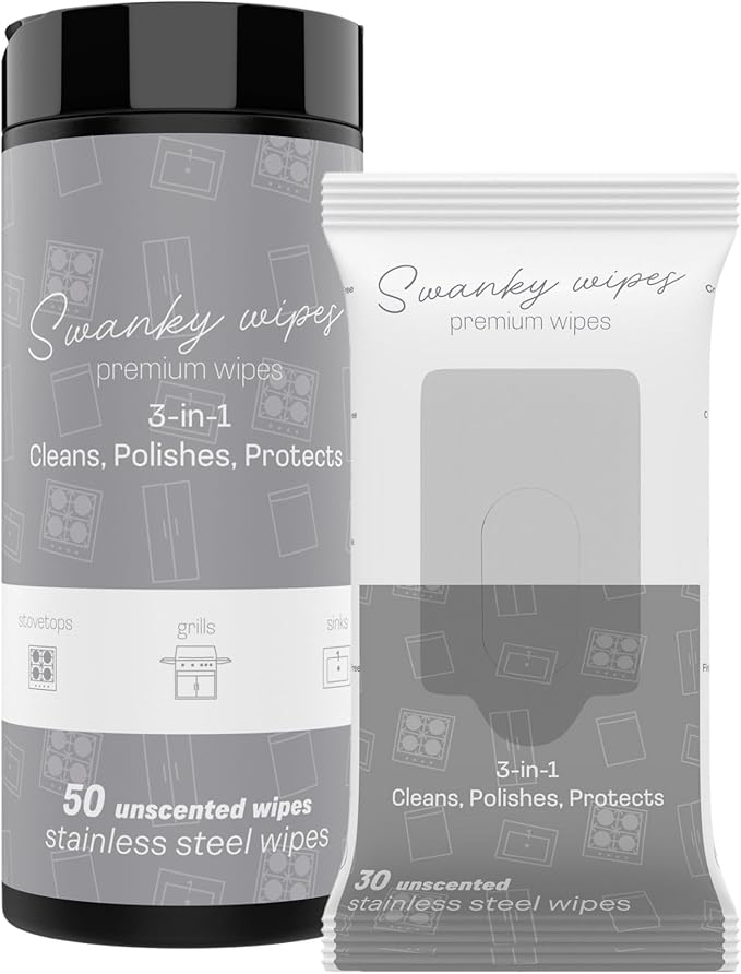 Swanky Stainless Steel Cleaner Wipes Bundle - Grime & Grease Remover Kitchen Cleaning Supplies - Clean & Shine for Stove, Refrigerator, Sink, Oven & Appliances - Soft Wipes (30 Ct) & Canister (50 Ct)