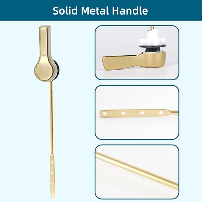 Hygie Rinse Metal Toilet Handle Replacement, Universal Front Mount, Brushed Gold Toilet Lever Flusher with Stainless Steel Flapper Chain, Toilet Repair Kit