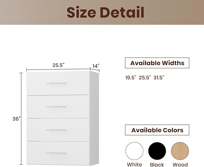ROOMTEC 25.5" 4 Drawer Short Tower Closet Unit, Modular Closet System with Drawers and Shelf, Wardrobe Organizer for Bedroom or Walk-in Closet, Wall Mounted, Customizable Clothes Storage Unit, White