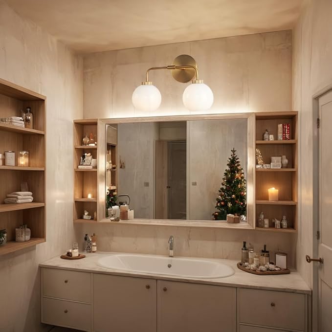 Minimalist Aged Brass Metal Finish Glass Globe Double Wall Sconce, 17 Inch Hand-Polished Vanity Light with Milky Glass Shade Over Mirror, Wall Light for Hallway, Bathroom (Milk Glass-Brass)