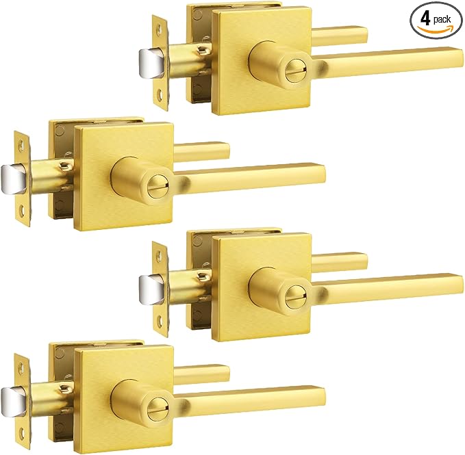 Probrico Gold Privacy Door Handle Lockset Heavy Duty Square Satin Brass Interior Door Lever for Bedroom or Bathroom Reversible Keyless Handleset Door Knob Slim Handed Levers, 4 Pack