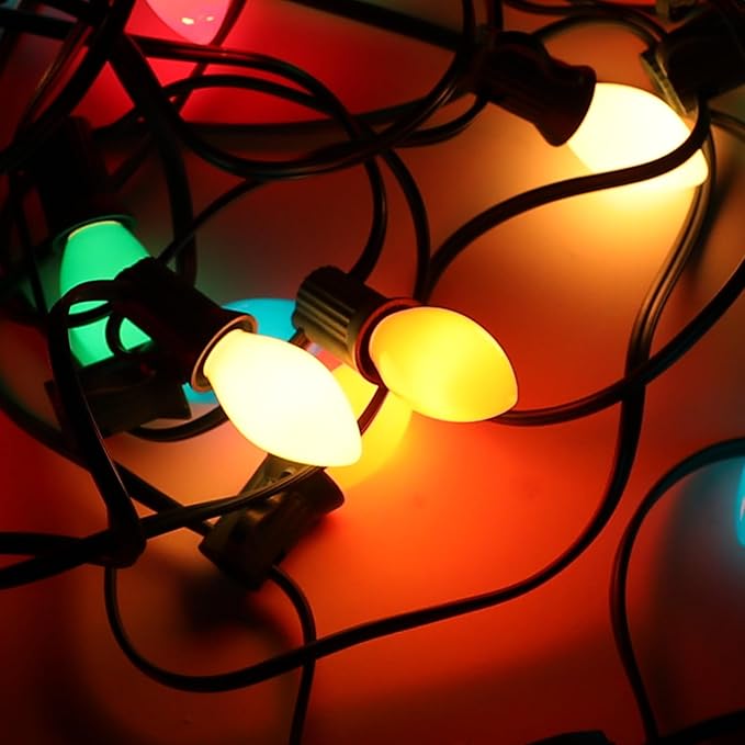25 Pack C9 Multicolored Replacement Bulbs, 7 Watts Night Light Bulbs, C9 Colored Ceramic Incandescent Bulbs for Vintage Christmas Lights Outdoor Indoor Home Party Decorations, E17 Candelabra Base