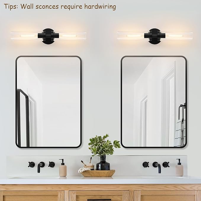 Wall Sconces Set of Two, Hardwired Matte Black Bathroom Sconces Wall Lighting with Clear Glass, Modern Sconces Wall Decor Set of 2 Bathroom Light Fixtures for Mirror Hallway (Bulbs Not Included)