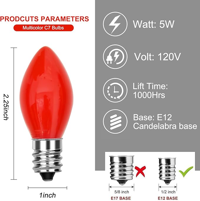 Abeja C7 Red Replacement Bulbs, 25 Pack C7 Red Replacement Bulbs, 5W Vintage Ceramic Bulbs for Outdoor Indoor Patio Christmas Decoration-E12 Candelabra Base