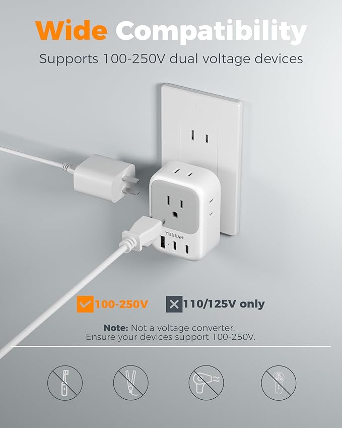TESSAN US to Japan Plug Adapter 2 Prong to 3 Prong Outlet Adapter with 4 Outlets 3 USB (2 USB-C), Outlet Converter US to Japan China Mexico Philippines Canada Peru Thailand Vietnam