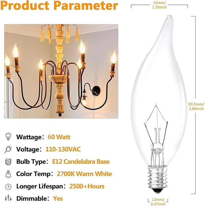 12-Pack Clear B10 CTC E12 Base Decorative Candle Light Bulbs, 60W, 480 Lumens, 2700K Warm White, Dimmable Incandescent Bulbs for Chandeliers and Wall Sconces
