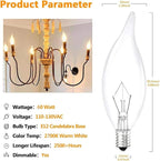 12-Pack Clear B10 CTC E12 Base Decorative Candle Light Bulbs, 60W, 480 Lumens, 2700K Warm White, Dimmable Incandescent Bulbs for Chandeliers and Wall Sconces