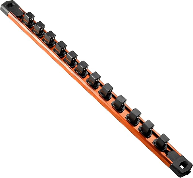 Magnetic Socket Organizer, 1-Piece Heavty Duty Aluminum Socket Holder, Socket Rail for Tool Box, Premium Quality 360° Swivel Socket Rack with 12 Clips for 1/2-Inch(Orange)