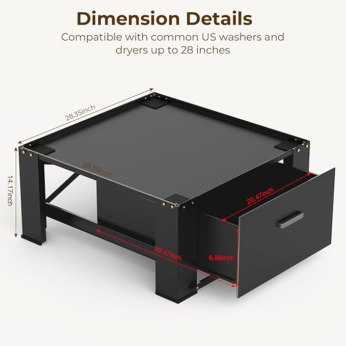 SKM Washer and Dryer Stand - 28" Laundry Pedestals for Washing Machine and Dryer with Top Panel, Heavy Duty Steel Pedestal Raiser, 14.2 Inches Height Elevation in Black