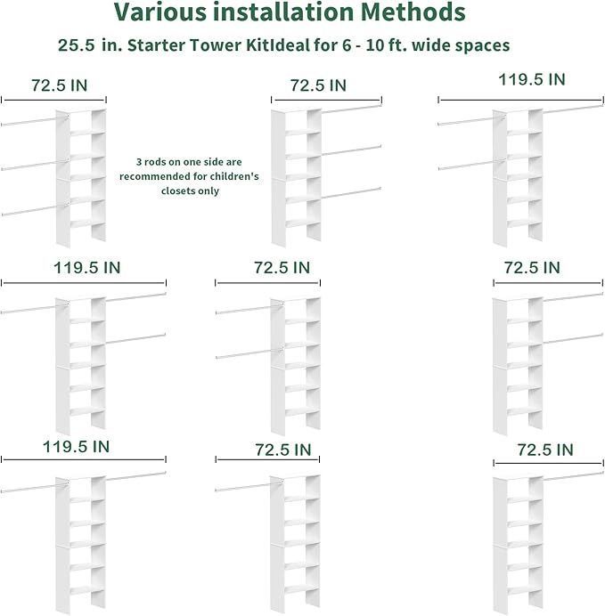 Closet System, 25.5" Wide Closet Organizer System with 3 Hanging Rods, Wood Tower Closet Storage for Walk In Closets, Wall Mounted Wardrobe Organizer Kit, Bedroom, Fit Space 6-10 ft, White