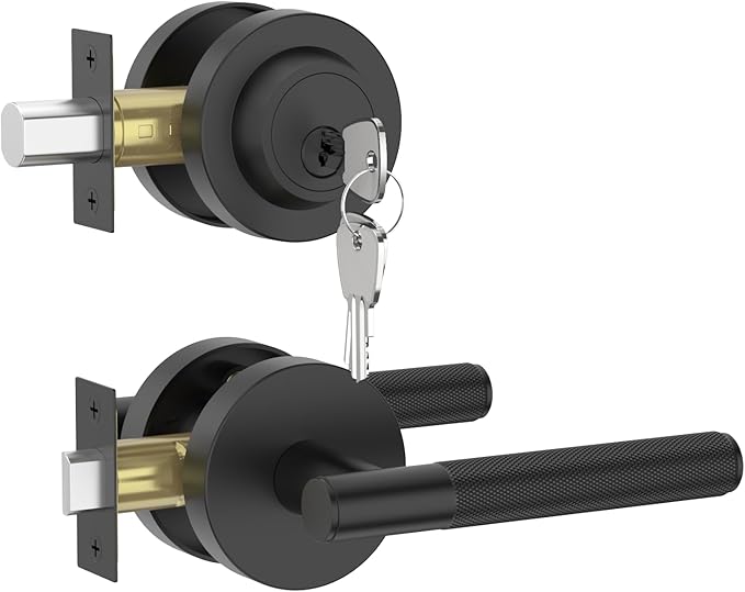 Asidrama Premium Black Zinc-Alloy Front Door Lock Set: Double Cylinder Deadbolt, Heavy Duty Security Handleset for Left/Right Exterior Doors, Universal Entry Locks (1 Pack)