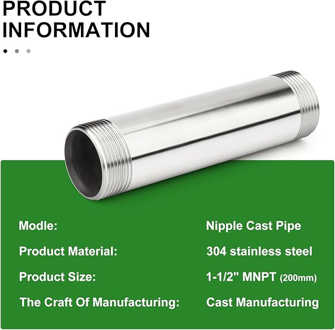 TAISHER 1PCS Stainless Steel Pipe Fittings, 1-1/2" NPT Male x 1-1/2" NPT Male Threaded, 8" Length Nipple Cast Pipe