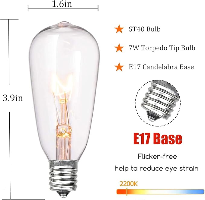 10 Pack Replacement Light Bulbs Outdoor, 7W ST40 Clear Edison Replacement Bulbs for Outdoor String Lights, E17 Intermediate Screw Base C9 Vintage Christmas Bulbs, Warm White