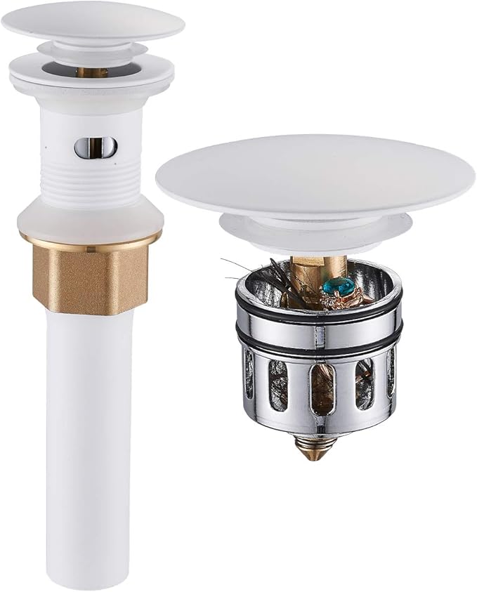 Vessel Sink Drain, Bathroom Faucet Vessel Sink Pop Up Drain Stopper, Built-in Anti-Clogging Strainer, with Overflow White, Fits Standard American Drain Hole(1-1/2" to 1-3/4") RWF083N