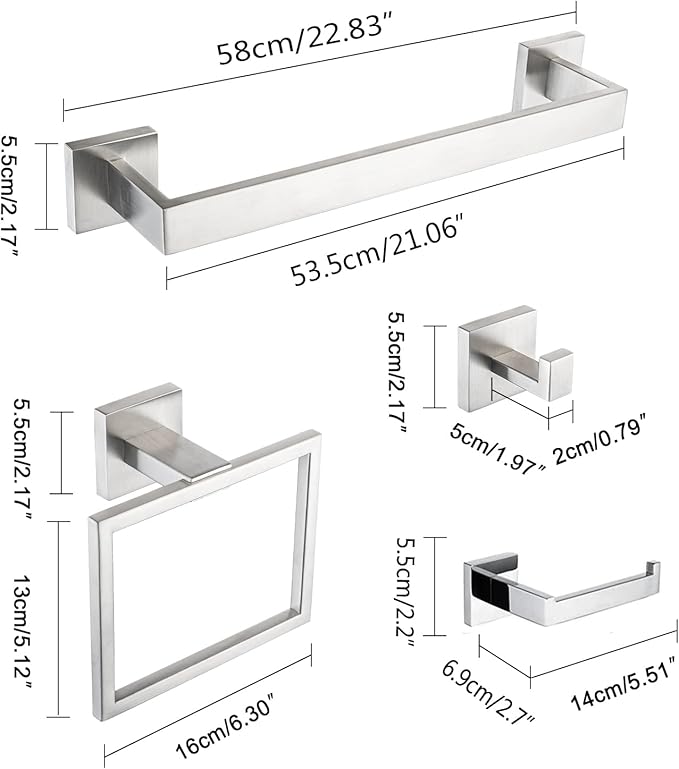 4-Piece Bathroom Hardware Set, Towel Rack Towel Holder Toilet Paper Holder Towel Hooks Towel Bar Set Stainless Steel Towel Rack Accessories Set Wall Mounted, Brushed Nickel 23 Inch