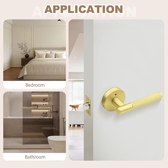 6 Pack Brushed Gold Door Handles, Modern Privacy Interior Door Lever with Lock, Round Knurled Door Knobs for Bedroom and Bathroom, Reversible for Right & Left Side