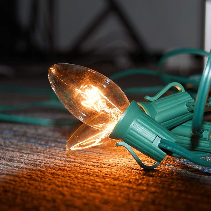 SUNSGNE 25 Pack C9 Clear Replacement Bulbs, C9 Christmas Light Bulbs Clear Incandescent Bulbs for Christmas Vintage String Light, E17 Intermediate Base, 7 Watt