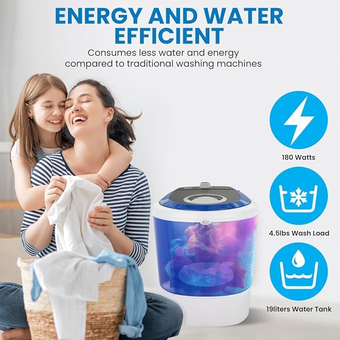 Pyle Upgraded Version Portable Washer - Top Loader Portable Laundry, Mini Washing Machine, Quiet Washer, Rotary Controller, 110V - For Compact Laundry, 4.5 Lbs. Capacity, Translucent Tubs