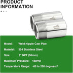 TAISHER 2PCS 304 Stainless Steel Pipe Fittings, 1" NPT Male Threaded, 2" Length Weld Nipple Cast Pipe