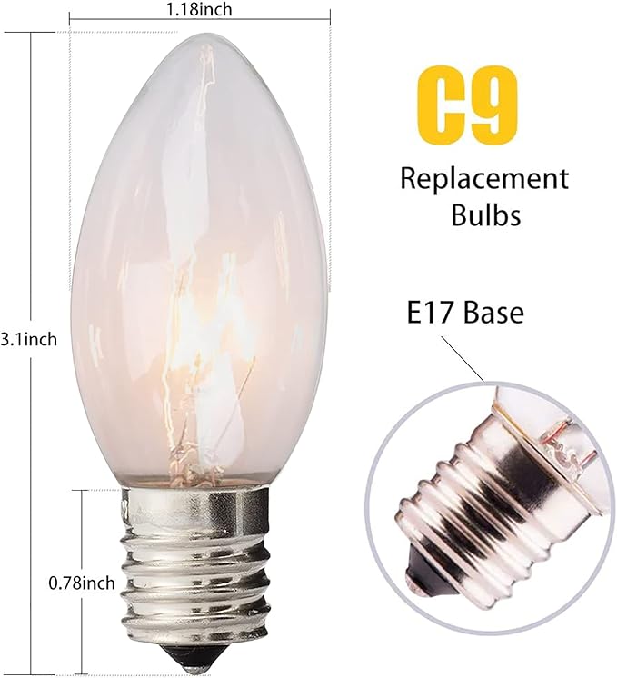 Abeja 25 Pack C9 Incandescent Replacement Bulb C9 Christmas Light Bulb for Holiday Party Christmas Decorative String Light E17 Intermediate Base 7w Clear Bulb
