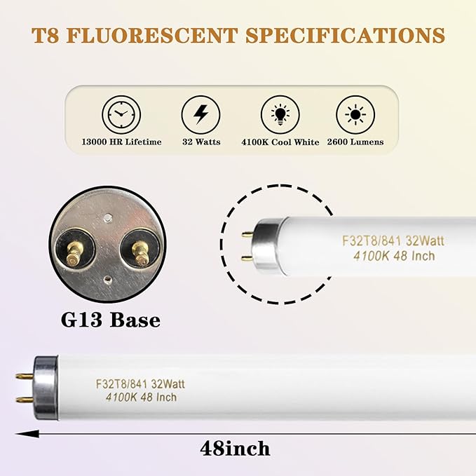 F32T8/841 32W 48 Inch T8 Fluorescent Tube Light Bulb, T8 Fluorescent Bulbs 4 Foot, 4ft Light Bulb, 4100K Cool White, 2850 Lumens, G13 Medium Bi-Pin Base,10 Pack